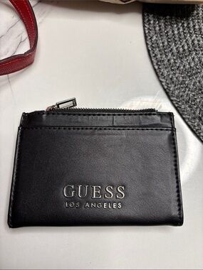 GUESS Black Leather Logo Zip Card Case